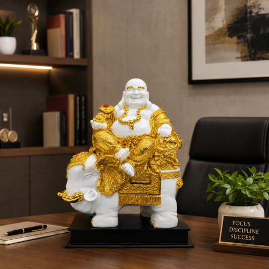 Luxury Gold Marble Finish Laughing Buddha on Elephant