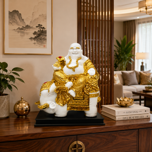 Luxury Gold Marble Finish Laughing Buddha on Elephant