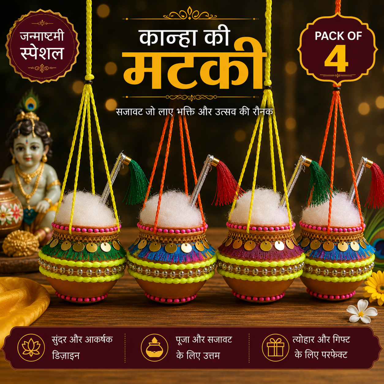 Janmashtami Premium Kanha Matki Hanging Set (Pack of 4)