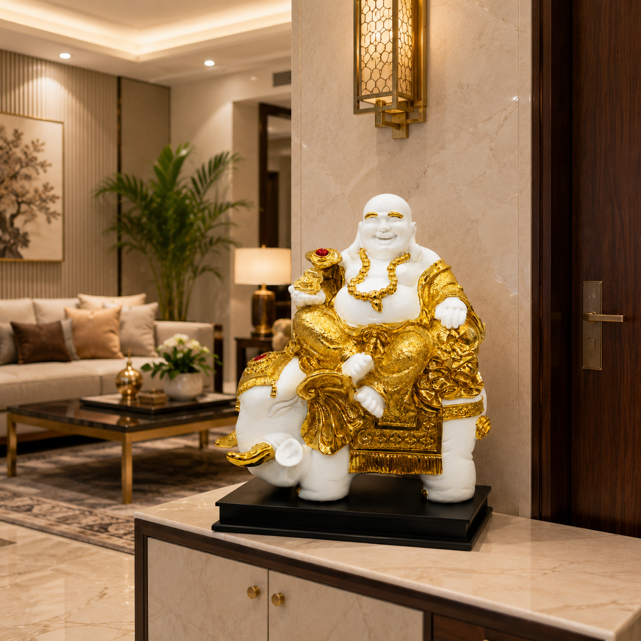 Luxury Gold Marble Finish Laughing Buddha on Elephant
