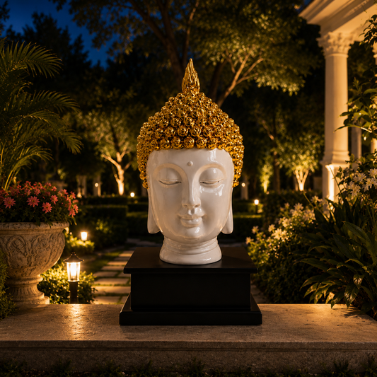 Modern White Buddha Face Showpiece with Gold Detailing – Luxury Home Decor