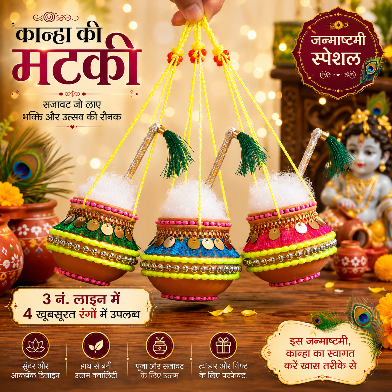 Janmashtami Premium Kanha Matki Hanging Set (Pack of 4)