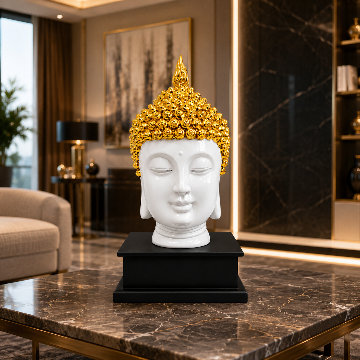 Modern White Buddha Face Showpiece with Gold Detailing – Luxury Home Decor