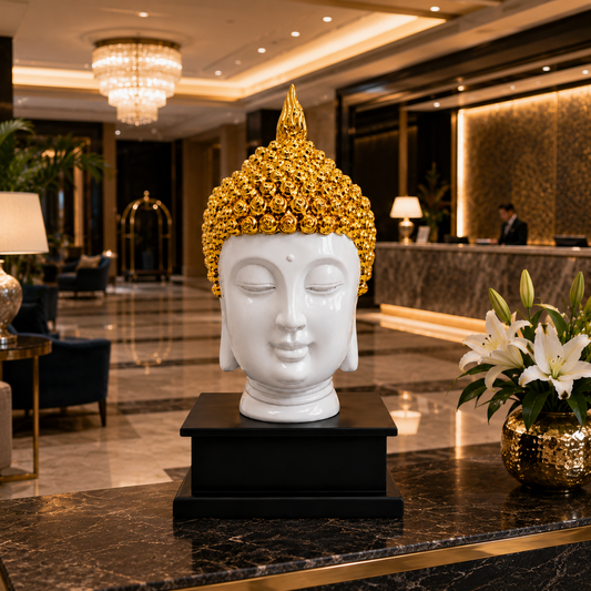 Modern White Buddha Face Showpiece with Gold Detailing – Luxury Home Decor
